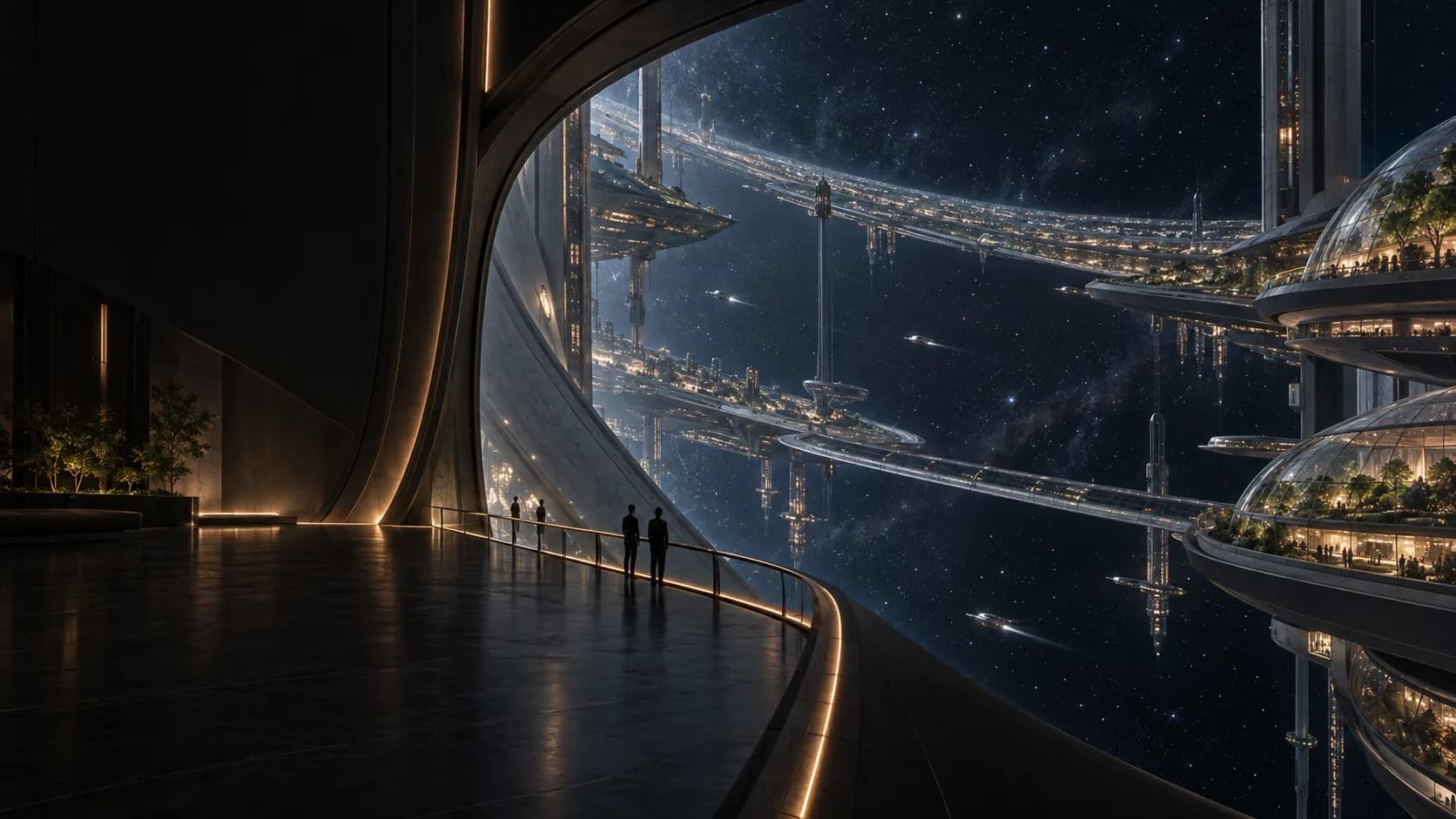 An imagined observation gallery overlooking vast inhabited orbital terraces, enclosed gardens, and distant stars