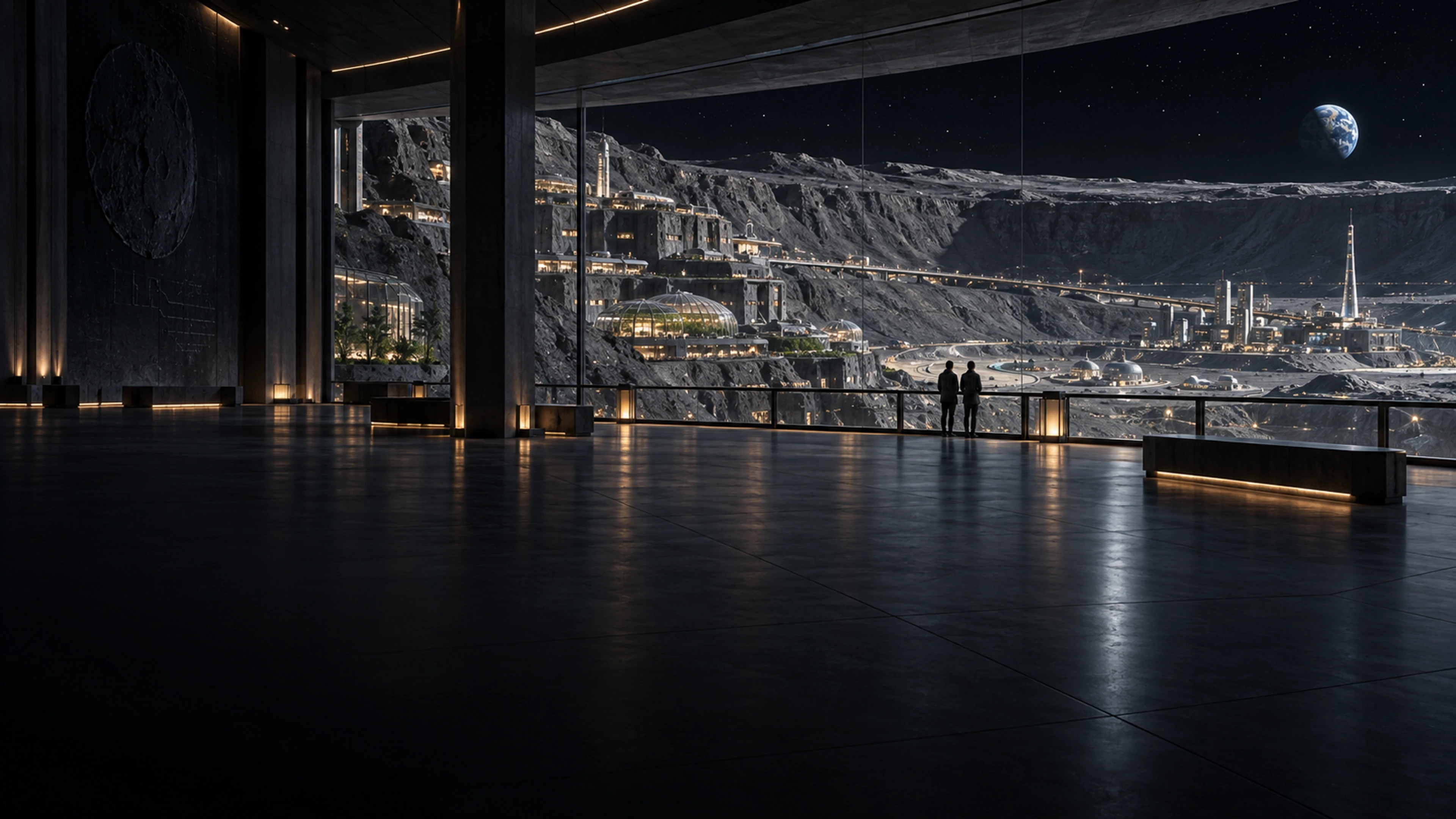 Two distant figures standing together at an observation railing, overlooking an imagined lunar settlement beneath Earth and a quiet starfield